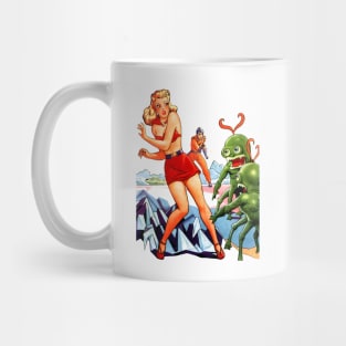 Retro Girl Pin Up Vintage Aliens Space Green Extraterrestrial Planet Rocket Spaceship Startling Comics Old Cartoon Blonde Woman Mug